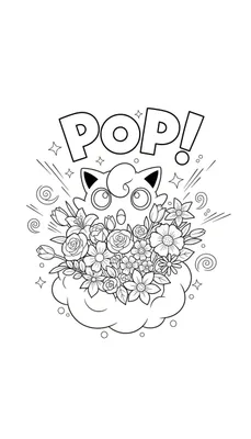 Zwart-wit kleurplaat met een Jigglypuff-achtig figuur met grote ogen en spitse oren, zittend tussen rozen, tulpen en madeliefjes op een wolk. Boven staat 'POP!' en er zijn sterretjes en wervelingen rondom.