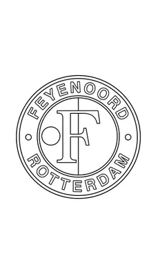 Feyenoord logo kleurplaat, zwart-wit tekening van het ronde clubembleem met de gestileerde 'F', 'FEYENOORD' en 'ROTTERDAM'.