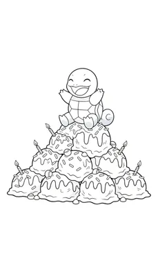 Kleurplaat van vrolijke Squirtle zittend op een stapel feestelijke cupcakes met kaarsjes en sprinkles.