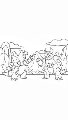 Zwart-wit kleurplaat van twee monsterlijke wezens die lijken op Salamence en Aggron, in een gevechtshouding tegen een bergachtige achtergrond. De draakachtige figuur links heeft scherpe hoorns en tanden, terwijl de gepantserde figuur rechts grote hoorns en gebalde vuisten heeft.