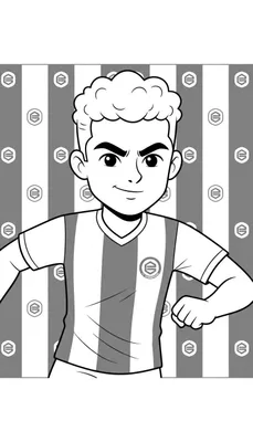 Zwart-wit kleurplaat van een jonge, zelfverzekerde voetballer met kort krullend haar en gebalde vuist, dragend een gestreept V-hals shirt met 'FC Mondiaal' logo, tegen een gestreepte achtergrond.
