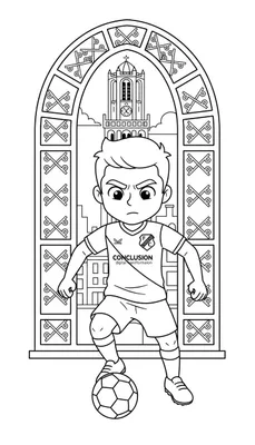 Zwart-wit kleurplaat van een jonge FC Utrecht voetballer met bal voor een klokkentoren, omringd door een decoratieve architectonische boog met U-vormige patronen.