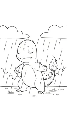 Zwart-wit lijntekening van een trieste Charmander in de regen, met gesloten ogen, een brandende staartvlam, gestileerde wolken, regendruppels en plassen op de grond.