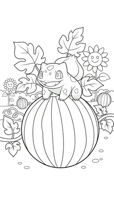 Kleurplaat van een lachende Bulbasaur zittend op een grote gestreepte pompoen, omringd door herfstbladeren, vrolijke zonnebloemen en kleinere pompoenen.