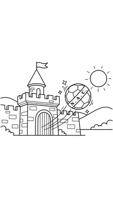 Zwart-wit kleurplaat van een kasteel met een wapperende vlag, een voetbal met 'N.A.C.' die tegen de muur botst, en de zon boven glooiende heuvels. Geschikt voor NAC Breda fans.
