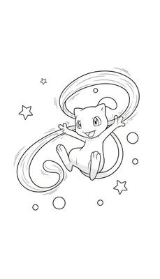 Zwart-witte kleurplaat van lachende Mew, de Pokémon, die zweeft omringd door golvende lijnen, sterren en cirkels.