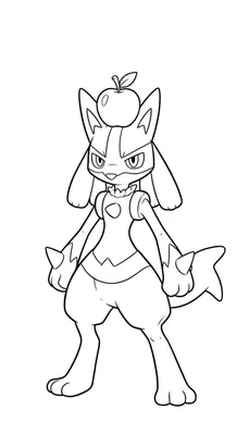 Zwart-wit lijntekening van Lucario, een Pokémon-achtig figuur, in een dynamische, klaarstaande pose op een effen witte achtergrond. Op zijn hoofd balanceert een appel met steeltje en blad. Lucario heeft puntige oren, scherpe, gefronste ogen die een serieuze of boze uitdrukking geven, en een kleine m