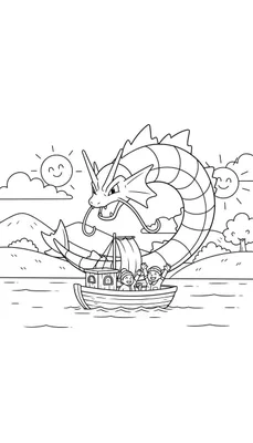 Zwart-witte kleurplaat van een Gyarados-achtig wezen dat uit het water oprijst, met daaronder twee lachende kinderen in een zeilboot, en twee lachende zonnen aan de hemel.