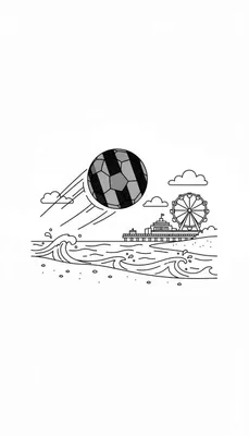 Kleurplaat: Vliegende ADO Den Haag voetbal over Scheveningen strand met pier en reuzenrad op de achtergrond. De voetbal is zwart-grijs.