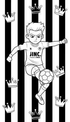 Zwart-wit kleurplaat van een jonge, geconcentreerde stripfiguur-voetballer in actie, met voetbal en logo's van JINC en DSW op zijn tenue. De achtergrond is gestreept en versierd met zeven zwevende kronen.