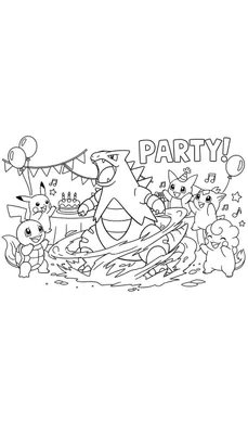 Zwart-wit lijntekening van een Pokémon feestje met een brullende Tyranitar centraal, omringd door vrolijke Pikachu, Squirtle, Vulpix, Mime Jr. en Clefairy. Er is een taart met kaarsjes, ballonnen en de tekst 'PARTY!'.