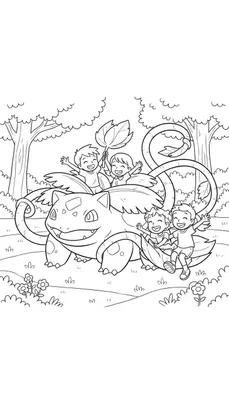 Kleurplaat van een vriendelijke Venusaur met vier blije kinderen die op en naast zijn rug spelen in een natuurlijke omgeving met bomen en bloemen.