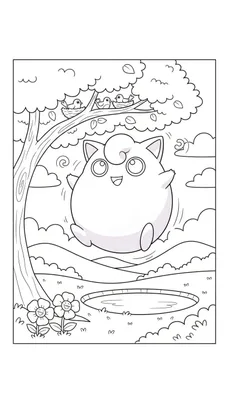Kleurplaat van blije Jigglypuff zwevend tussen een boom met vogelnest, lachende bloemen, een vijver en glooiende heuvels.