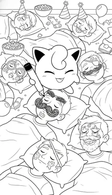 Kleurplaat van een Jigglypuff-achtige figuur met kattenoren die snorren en wenkbrauwen tekent op het gezicht van een slapende man, omringd door andere slapende mensen en kinderen met grappige gezichtsversieringen en feestartikelen na een pyjamafeestje.