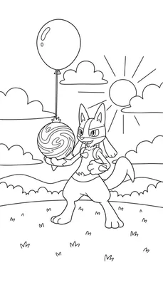 Kleurplaat van de Pokémon Lucario die lachend een bal met spiraalpatroon en een ballon vasthoudt, buiten op een zonnige dag met wolken, zon, gras en glooiende heuvels.