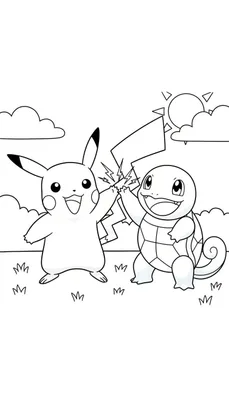 Zwart-wit kleurplaat van lachende Pikachu en Squirtle die een high five geven met bliksemschichten. Achtergrond met wolken en zon, voorgrond met gras.