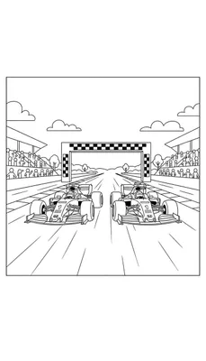 Zwart-wit kleurplaat van twee Formule 1-racewagens die naar de finishlijn racen, met tribunes vol toeschouwers, bomen en wolken. Auto nummer 1 rijdt voorop.