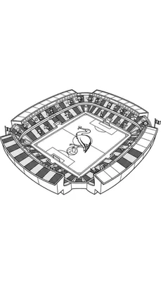 Zwart-wit kleurplaat van het ADO Den Haag voetbalstadion. Een ooievaar staat op het voetbalveld naast een bal. De tribunes zijn gevuld met supportersfiguren.