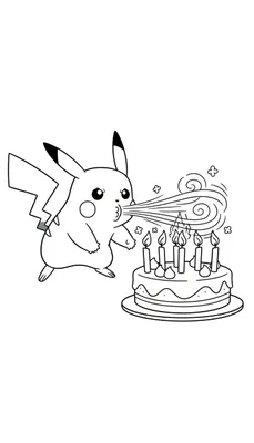 Zwart-wit kleurplaat van Pikachu die krachtig de brandende kaarsjes op een verjaardagstaart uitblaast, met zichtbare wind en luchtstromen.