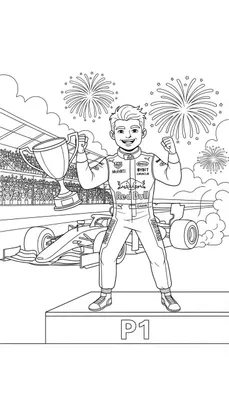 Zwart-wit kleurplaat van een lachende Red Bull Formule 1 coureur op een P1 podium, met trofee, raceauto, juichende menigte en vuurwerk op de achtergrond.