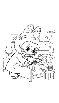 Kleurplaat van een konijn-dokter met voorhoofdspiegel en stethoscoop die een zieke teddybeer met hoofdverband, pleister en thermometer in bed onderzoekt. Naast het bed staan een nachtkastje met medicijn en een lamp.