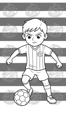 Zwart-wit kleurplaat van een jonge FC Den Bosch voetballer met een geconcentreerde uitdrukking, dribbelend met zijn voet op een voetbal. Hij draagt een gestreept shirt met het draak logo. De achtergrond heeft horizontale strepen met herhaalde, vervaagde FC Den Bosch draak logo's.