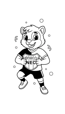 Zwart-witte lijntekening van een vrolijke NEC voetbal mascotte, mogelijk een beerwelpje, in een dynamische spring- of renpose. De mascotte draagt een gesplitst zwart-wit voetbaltenue en houdt een schild vast met twee kronen, een ster en de letters 'NEC', omringd door feestelijke confetti-achtige vor