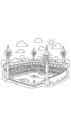 Cartoonachtige zwart-wit kleurplaat van een levendig FC Utrecht voetbalstadion met gevulde tribunes, juichende fans, vier lichtmasten, een voetbalveld met twee ballen, heuvels en een lachende zon in de lucht.