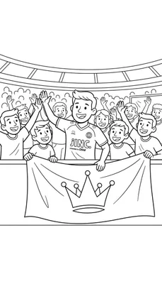 Kleurplaat van vrolijke Excelsior supporters in een stadion, juichend met handen in de lucht. Centraal een man met JINC en DSW logo op zijn shirt, omringd door fans die een spandoek met kroon vasthouden.