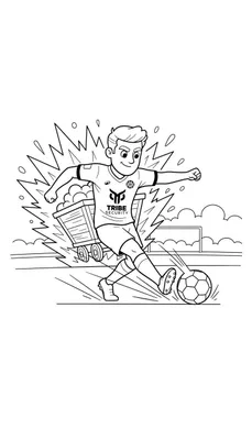 Kleurplaat: Lachende jongen in Roda JC shirt schopt voetbal, naast mijnkar en met voetbaldoel op achtergrond, vol dynamische lijnen.