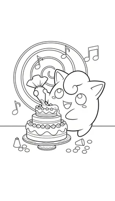Kleurplaat van Jigglypuff die een meerlaagse taart decoreert met glazuur en sterren. Op de achtergrond muzieknoten en op de grond een omgevallen feesthoedje en confetti.