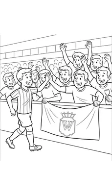 Zwart-wit lijntekening van een Willem II voetballer die een high-five geeft aan een juichende supporter, met meer fans en een Willem II spandoek met logo (wapenschild met kroon en 'W') in een voetbalstadion.