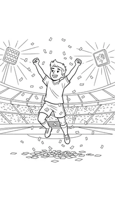 Zwart-witte kleurplaat van FC Twente: een lachende voetballer springt van vreugde in een confetti-gevuld stadion met tribunes, doel en scoreborden.