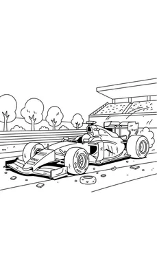 Zwart-wit kleurplaat van een Red Bull Formule 1-auto stilstaand op een racebaan, met losse onderdelen, een lege tribune en bomen op de achtergrond.