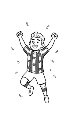 Zwart-wit kleurplaat van een vrolijke, springende SC Heerenveen voetballer die een overwinning viert, omringd door confetti.