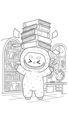 Zwart-wit Labubu kleurplaat: Vrolijk wezentje met een grote, wankele boekenstapel in zijn armen en op zijn hoofd, staand in een bibliotheekkamer met boekenkast, bureau, wereldbol en planten. Er vliegen enkele losse papieren rond de boekenstapel.