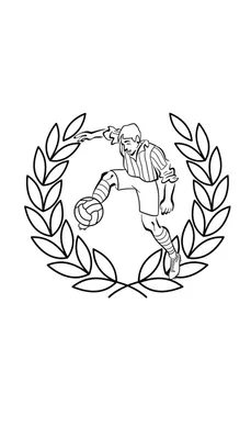 Zwart-wit lijntekening van een dynamische Sparta Rotterdam voetballer met bal op zijn wreef, omringd door een gestileerde lauwerkrans.