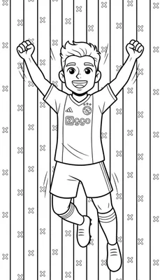 Zwart-wit kleurplaat van een lachende, jonge Ajax voetballer die juichend in de lucht springt met armen omhoog. Hij draagt het Ajax tenue met Adidas en Ziggo logo's, tegen een achtergrond van strepen en kruisjes.