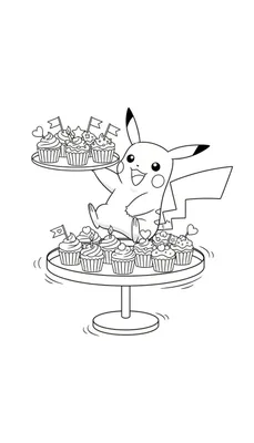Zwart-wit kleurplaat van Pikachu met een vrolijke glimlach, zittend op een etagère vol feestelijk versierde cupcakes. Hij houdt een dienblad met cupcakes vast en zwaait enthousiast.