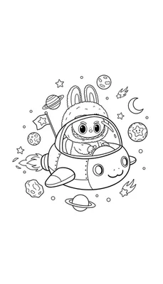 Kleurplaat van een schattig Labubu konijntje in een ruimteschip, omringd door planeten met ringen, lachende sterren, een maansikkel en asteroïden in de ruimte.