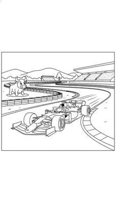 Zwart-wit Formule 1 kleurplaat: raceauto met coureur op circuit, snelheidstrepen, bandenstapels, cartoonstier, tribunes, heuvels, bomen. Thema: Red Bull.