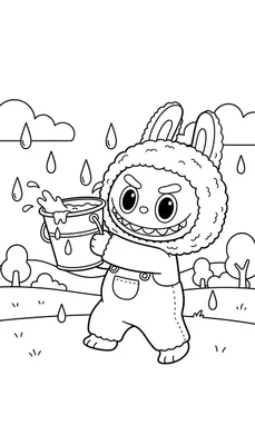 Zwart-wit kleurplaat van Labubu, een pluizig monster met konijnenoren en tuinbroek, die water uit een emmer spat in een regenachtig, heuvelachtig landschap met boompjes en gras. Labubu kijkt vrolijk en ondeugend.