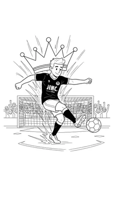 Kleurplaat van een lachende Excelsior voetballer die een voetbal trapt. Op de achtergrond juichen supporters en is een kroon afgebeeld, met sponsorlogo's JINC en DSW op zijn shirt.