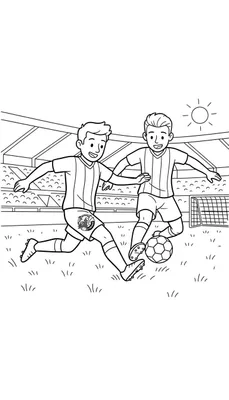 Kleurplaat van twee lachende FC Den Bosch voetballers die dribbelen op een grasveld in een stadion met toeschouwers en een voetbaldoel, onder een stralende zon.