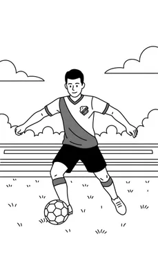 Zwart-wit kleurplaat van een lachende mannelijke FC Utrecht voetballer in actie, met zijn linkervoet op een voetbal. Hij draagt een tenue met diagonale lijnen en een logo, op een veld met grasstreepjes en tribunes op de achtergrond.