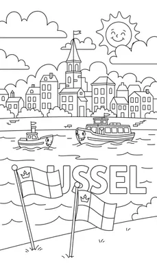 Kleurplaat van een vrolijke stad aan de IJssel met lachende zon, blije boten, het woord 'IJSSEL' en vlaggen met een kroon en geblokt patroon, gerelateerd aan PEC Zwolle.