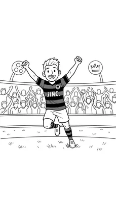 Zwart-wit kleurplaat van een juichende Excelsior voetballer met 'JINC.' shirt en armen omhoog, omringd door vierend publiek op de tribune. Boven hem symbolen van een voetbal en kroon. Gras op de voorgrond.