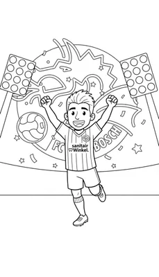 Zwart-wit kleurplaat van een juichende FC Den Bosch voetballer met 'Sanitair Winkel.' op zijn shirt, omringd door feestelijke sterren, confetti, en de letters 'FC BOSCH'.