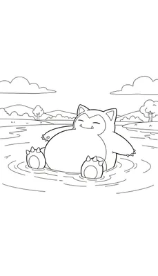 Zwart-wit kleurplaat van een ontspannen Snorlax drijvend in water, met gesloten ogen en een glimlach. Glooiende heuvels, bomen en wolkjes op de achtergrond.