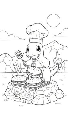 Zwart-wit kleurplaat van Charmander met koksmuts, die drie hamburgers grilt op een rotsgrill met vlammende staart, spatel en tang, bergen op de achtergrond en een lege cirkel rechtsboven.